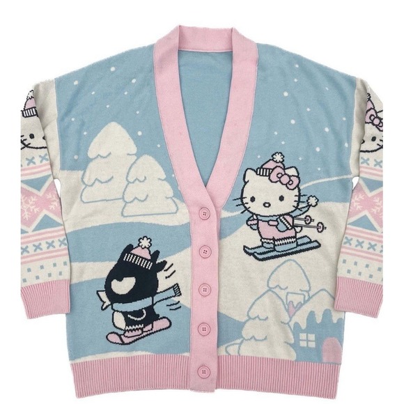 Sanrio Hello Kitty Button Cardigan Sweater Fair Isle Pink Blue Large NWT - Picture 2 of 8